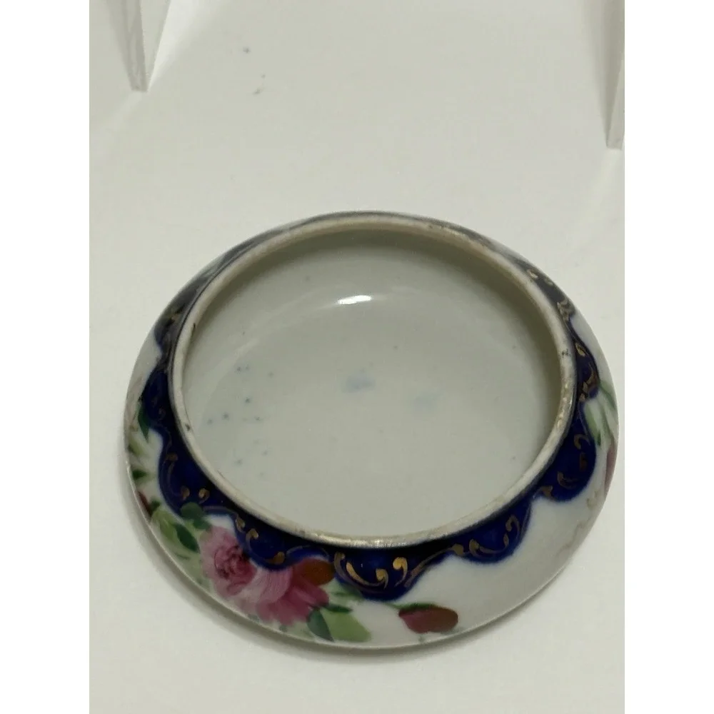 Antique Hand Painted Porcelain Hair Receiver - Cobalt Blue, Pink Gold Glit